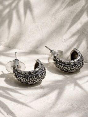 VINTAGE Signed PJ Sterling Silver Marcasite Marquee Post Earrings
